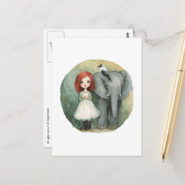 Postal Chica Linda Pelo Rojo Con Elefante y Pájaro