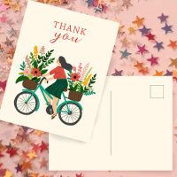 Chica lindo en bicicleta con flores GRACIAS