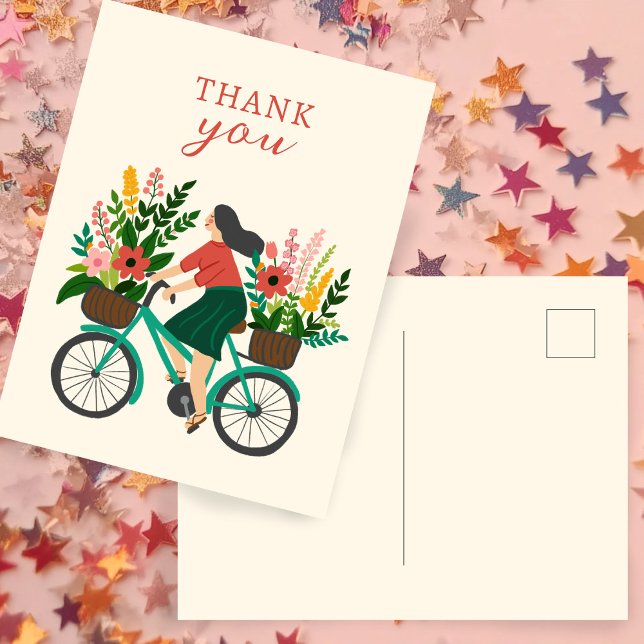Postal Chica lindo en bicicleta con flores GRACIAS (Cute Girl Riding Bicycle w Flowers THANK YOU Postcard
)