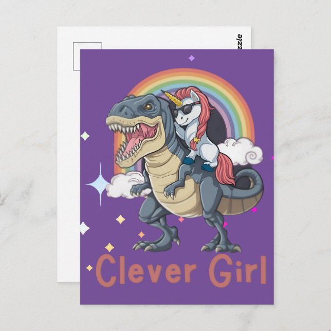 Postal Chica Lista- Edición Dinosaurio montado en Unicorn (Anverso / Reverso)