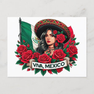 Postal Chica mexicano Viva ilustracion de arte con bander