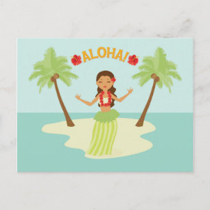 Postal Chica mona hawaiana de hula Luau Palmeras Isla