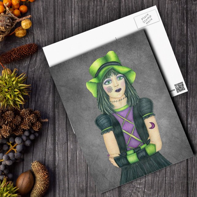 Postal Chica monstruo gótica sombrero verde tatuajes sobr (Goth Girl Green hat spider web tattoo on grey postcard.)