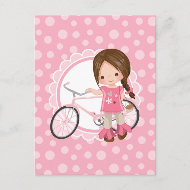 Postal Chica Morena en Bicicleta - Rosa Blanco (Anverso)