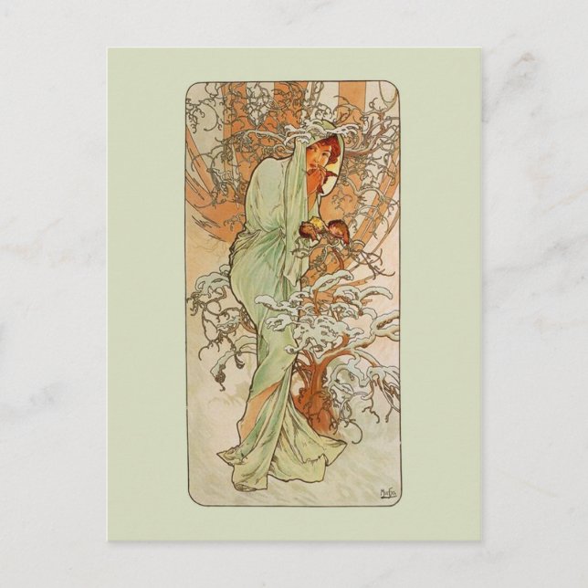 Postal Chica Mucha Art Nouveau Invierno (Anverso)
