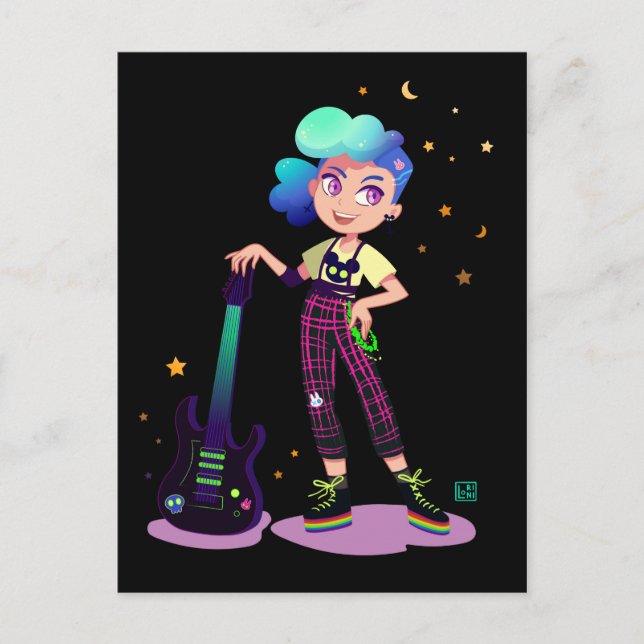 Postal Chica músico de pelo azul con guitarra de rock (Anverso)