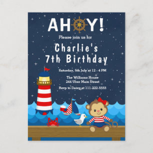 Postal Chica Náutica Mono Rojo y Azul Cumpleaños