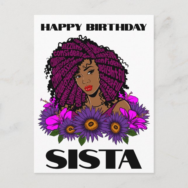 Postal Chica negra cumpleaños mágico Sista Melanin mujer (Anverso)