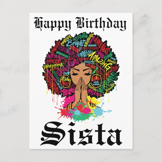Postal Chica negra cumpleaños mágico Sista Melanin mujer (Anverso)