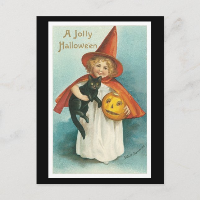 Postal Chica negro de gato y bruja de Halloween (Anverso)