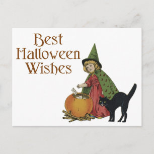 Postal Chica negro de gato y bruja de Halloween