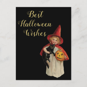 Postal Chica negro de gato y bruja de Halloween