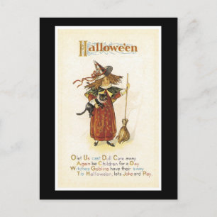 Postal Chica negro de gato y bruja de Halloween