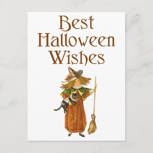 Postal Chica negro de gato y bruja de Halloween (Anverso)