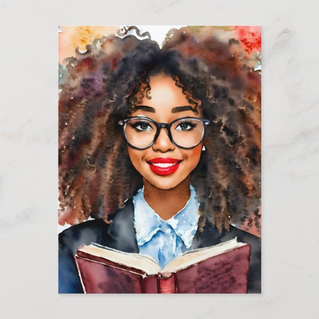 Postal Chica negro en gafas con nerviosismo de libro (Anverso)