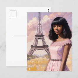 Postal Chica negro francés arte parisino rosado