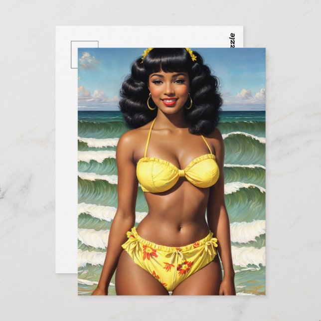 Postal Chica negro Pinup Melanin Bikini Model (Anverso / Reverso)
