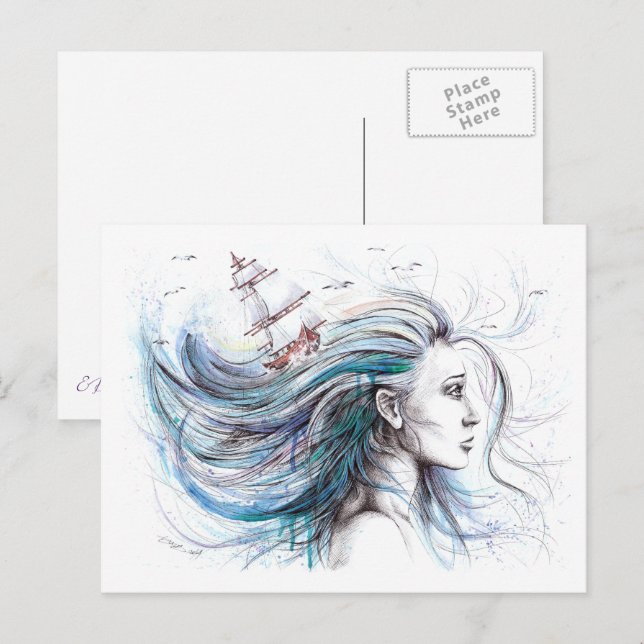 Postal Chica oceánico Nautical Surreal Watercolor arte (Anverso / Reverso)