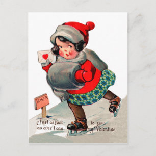 Postal Chica patinando sobre hielo con carta de amor. San