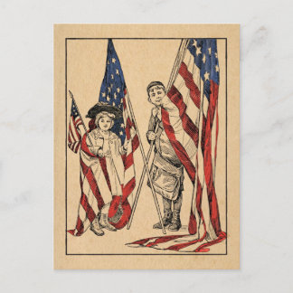 Postal Chica patriótico vintage y niño con bandera estado