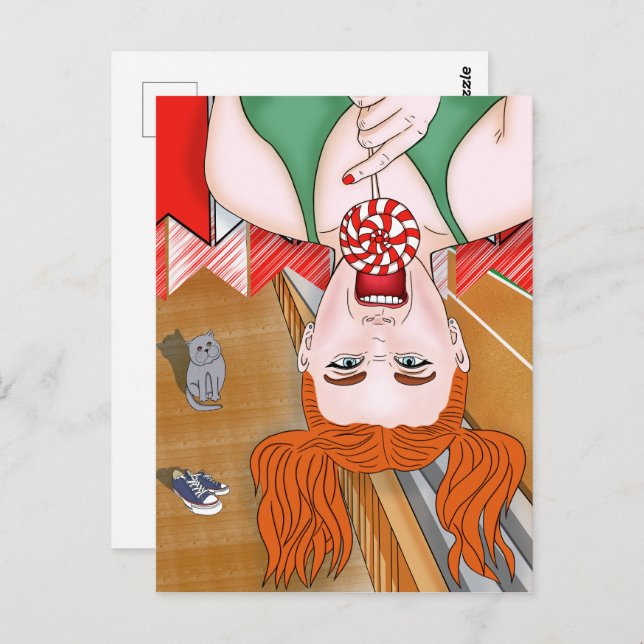 Postal Chica pelirrojo en el estadio. Chica travieso (Anverso / Reverso)