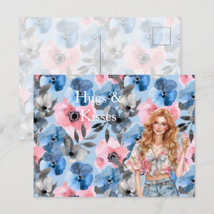 Postal Chica Pelo Rojo Helado Besos Abrazos Florales Azul