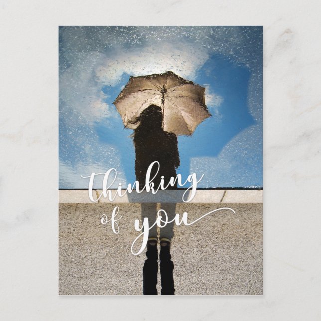 Postal chica "Pensando en ti", paraguas reflejado en la p (Anverso)