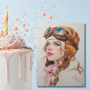 Postal Chica Piloto Femenina Aviadora Acuarela Cumpleaños