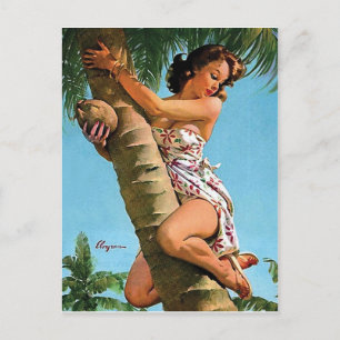 Postal Chica pin-up con coco arriba en la palmera vintage