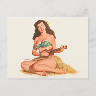 Postal Chica pin-up de Hawái toca una guitarra pequeña, p