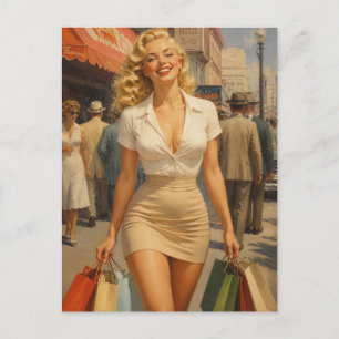 Postal Chica Pin-Up de los años 50 de compras en la ciuda
