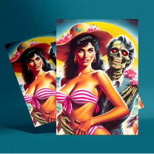 Postal Chica Pin-up de Playa Zombie Espeluznante