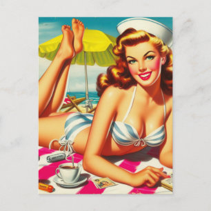 Postal Chica Pin Up de Verano Vintage Playa