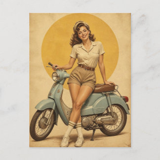 Postal Chica Pin-Up Vintage de los 50 en Motocicleta Azul