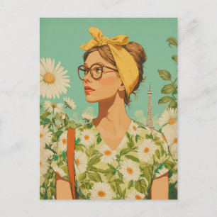 Postal Chica primaveral parisina con margaritas