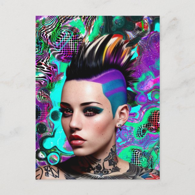 Postal Chica Punk con Mohawk Arte Abstracto (Anverso)