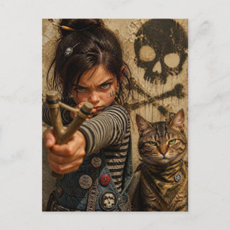 Postal Chica Rebelde Feroz con Resortera y Gato Malvado