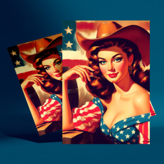 Postal Chica Retro Americana Vaquera Pinup