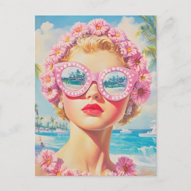 Postal Chica Retro Beach con gafas de sol florales (Anverso)