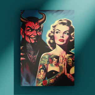 Postal Chica Retro Endiablada con Tatuajes