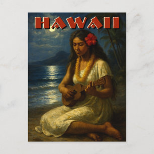 Postal Chica Retro Hawaiana & Ukulele en la Playa a la Lu
