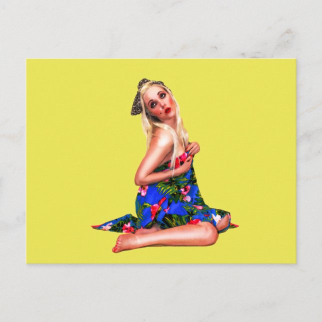 Postal Chica retro Pinup amarillo (Anverso)