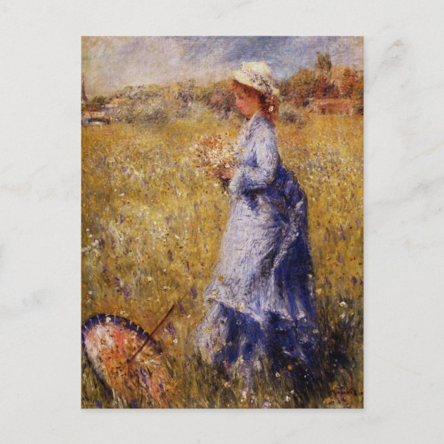 Postal Chica reuniendo flores por Renoir (Anverso)