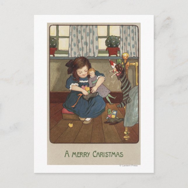 Postal Chica revisando sus zapatos llenos de regalos (Anverso)