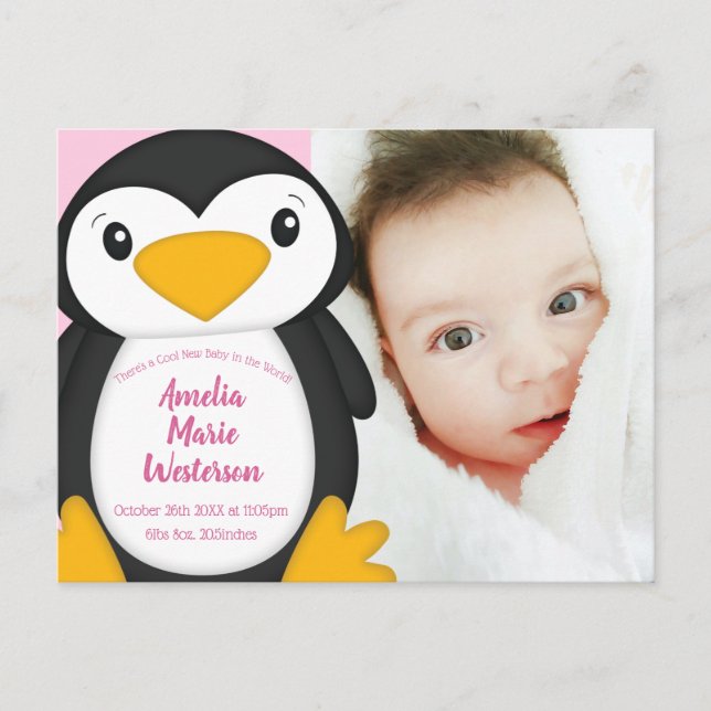 Postal Chica rosa de Baby Shower pingüino (Anverso)