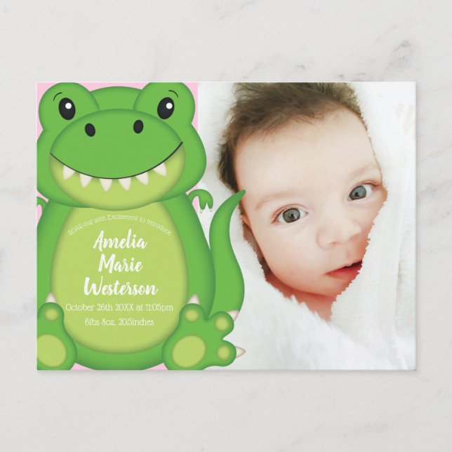Postal Chica rosado de Dinosaur Baby Shower T-Rex (Anverso)