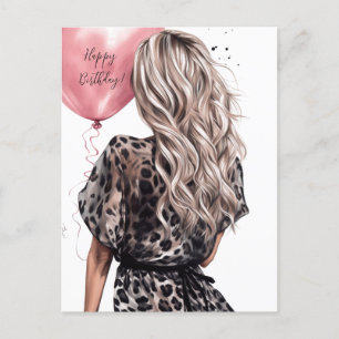 Postal Chica rubia espalda globo rosa vestido de leopardo
