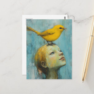 Postal Chica rubia linda con gran pájaro amarillo en la c