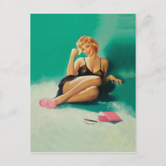 Postal Chica rubia pinup con número de teléfono para ti