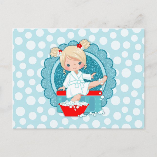 Postal Chica Rubia Spa Burbujas Turquesa Rojo Blanco (Anverso)